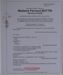Emma COENE veuve de Fernand BUTTIN, décédée à Bailleul, le 26 Février 2002 (88 ans).